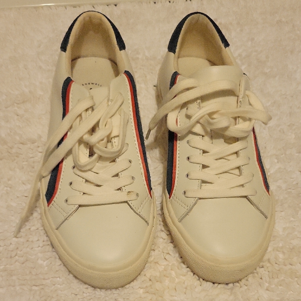 Madewell Cream Leather Low-Top Sneakers with Navy and Red Accents